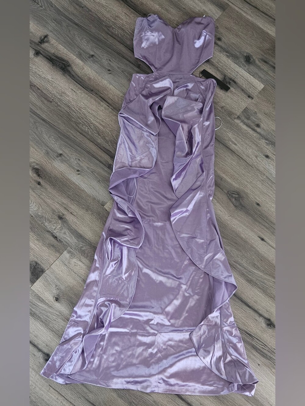 Symphony Lilac Satin Maxi Dress with Ruffle Detail